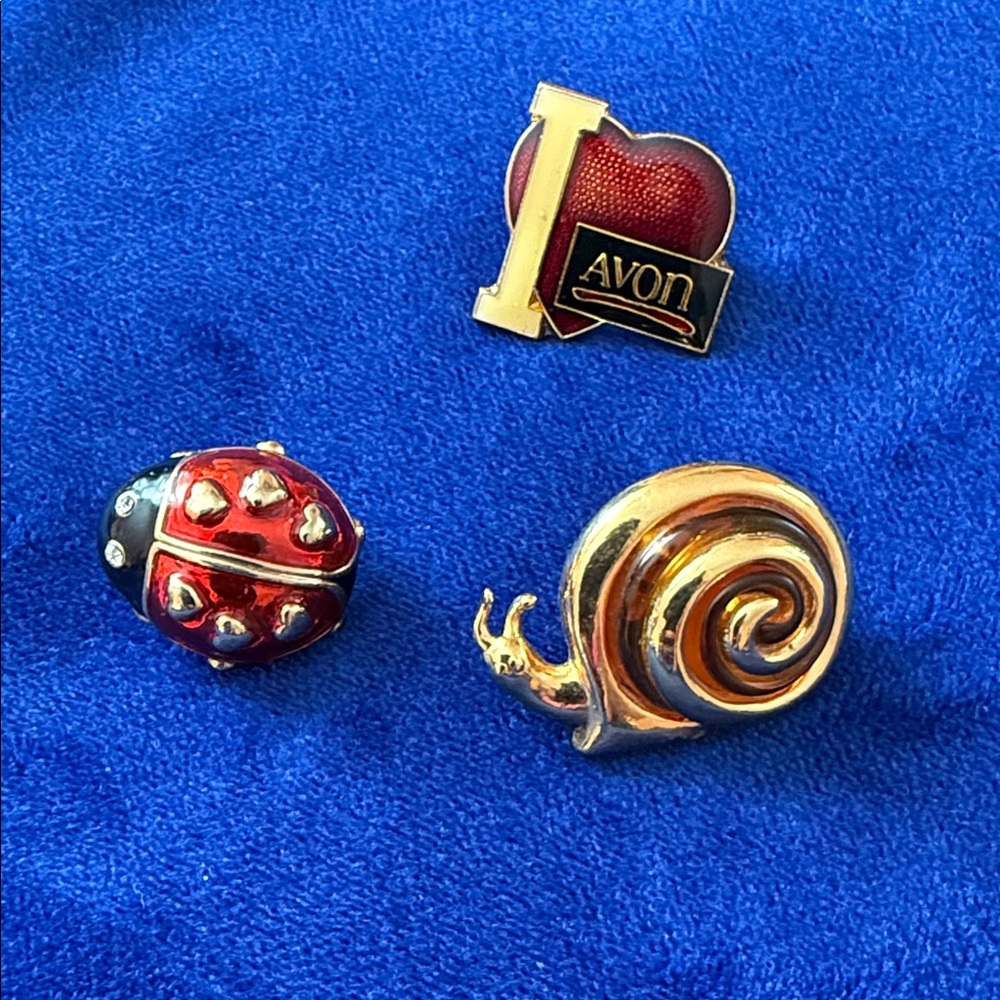 Avon Red Heart, Red & Black Ladybug, and Gold Snail Enamel Pin Set